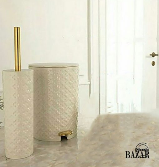 سطل و فرچه سرویس بهداشتی گرد وانیلی-طلایی طرح گل لیمون