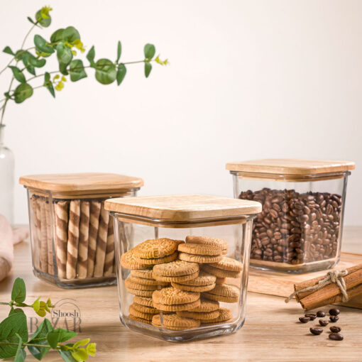ظرف-شیشه-ای-مربع-860-میلی-لیتر-درب-چوبی-لیمون