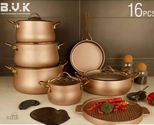 سرویس قابلمه 16 پارچه دورو طلایی بی وی کی کد 714516 از فروشگاه اینترنتی بازار شوش تهران