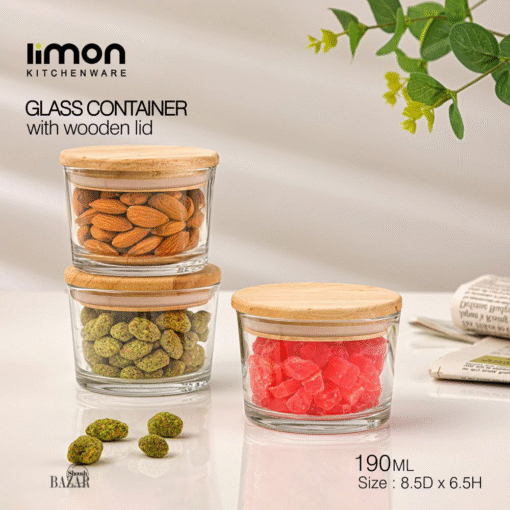 ظرف شیشه ای گرد 190 سی سی در چوبی لیمون کد 2193 بازار شوش تهران